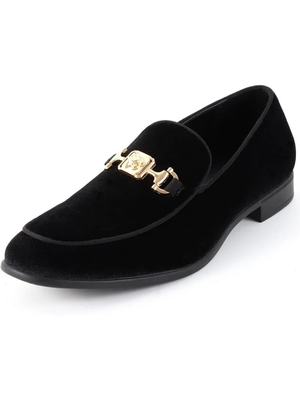 REIHUANNE Men's Black Velvet Loafer Metal Buckle Slip On Luxury Smoking Shoes